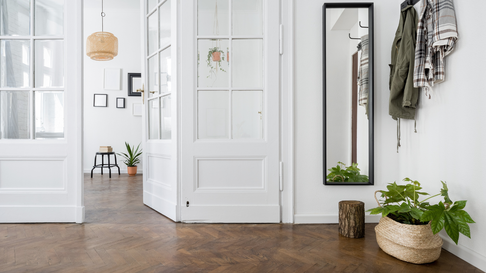 A room with a mirror, coat rack, and potted plant